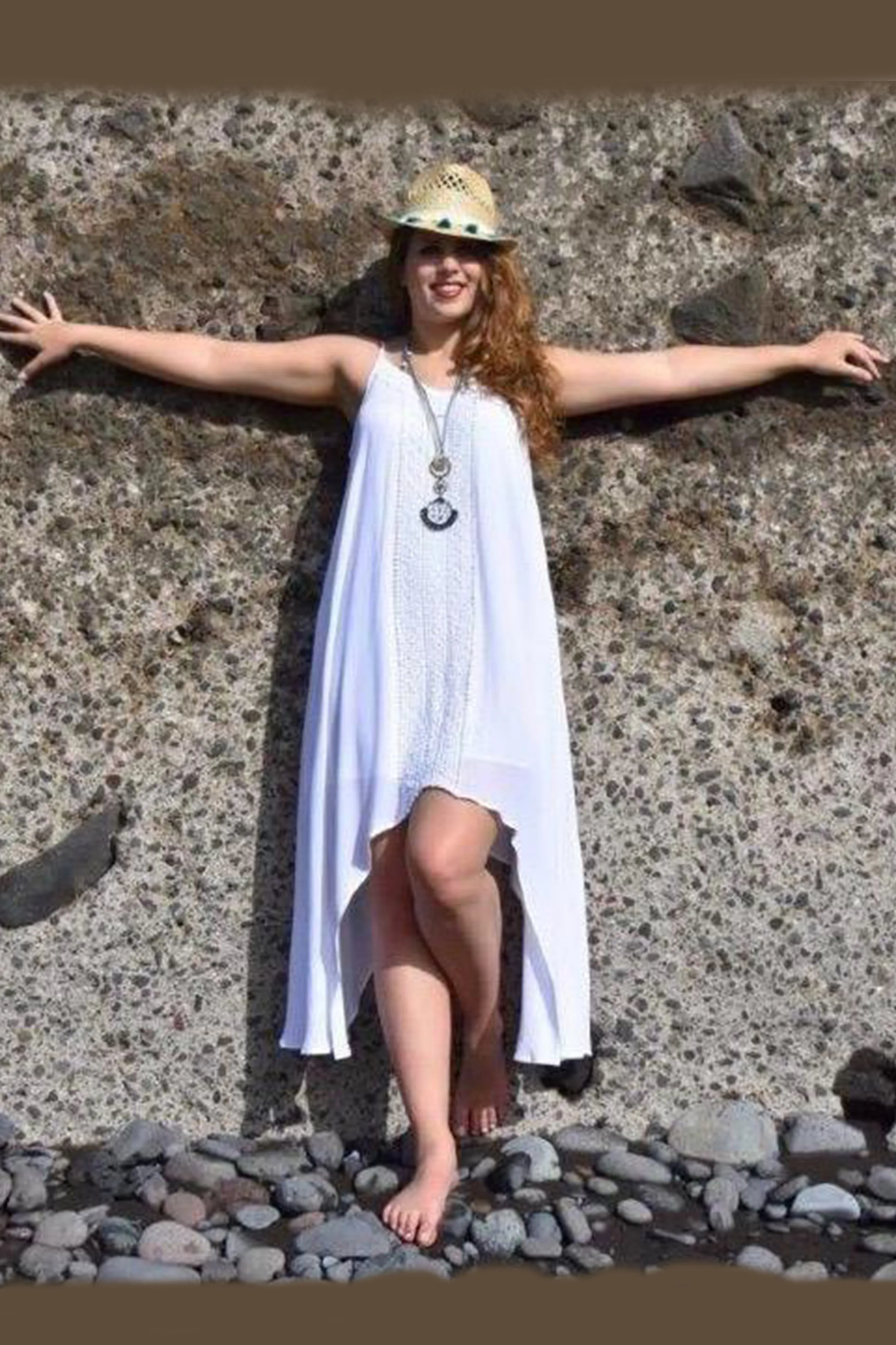 3922 DR Sexy Summer Bohemian Asymmetrical Spaghetti Strap Mid Calf Dress