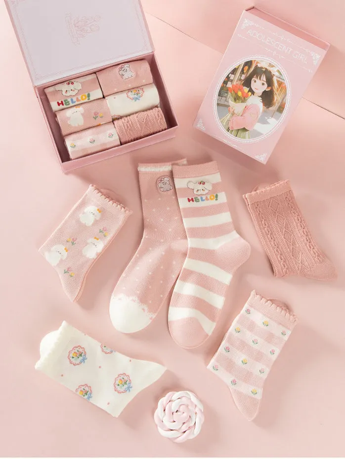 6 pairs of pink cute puppy cotton mid-calf socks