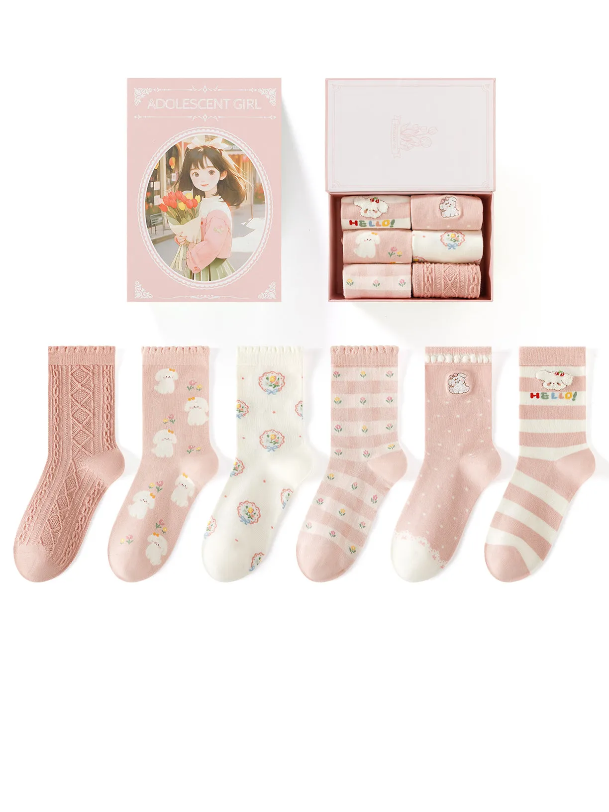 6 pairs of pink cute puppy cotton mid-calf socks
