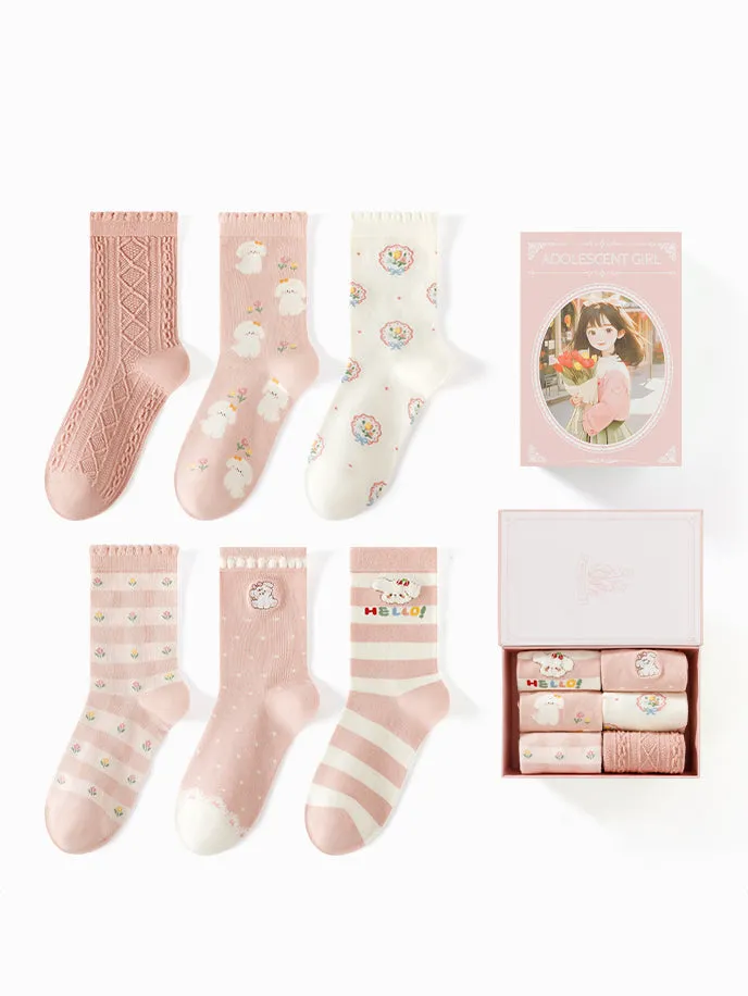 6 pairs of pink cute puppy cotton mid-calf socks