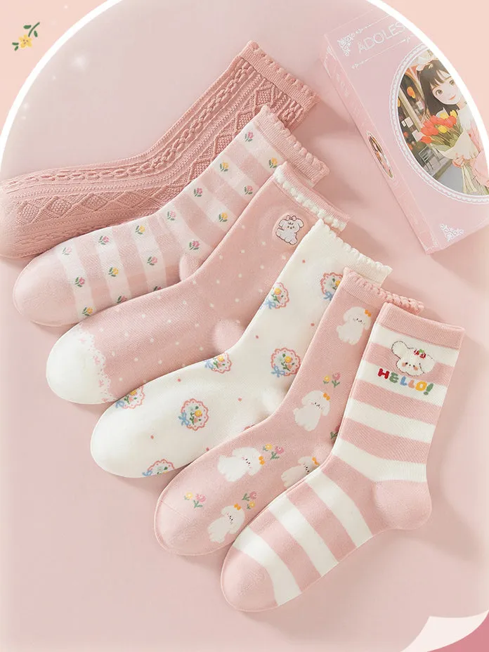 6 pairs of pink cute puppy cotton mid-calf socks