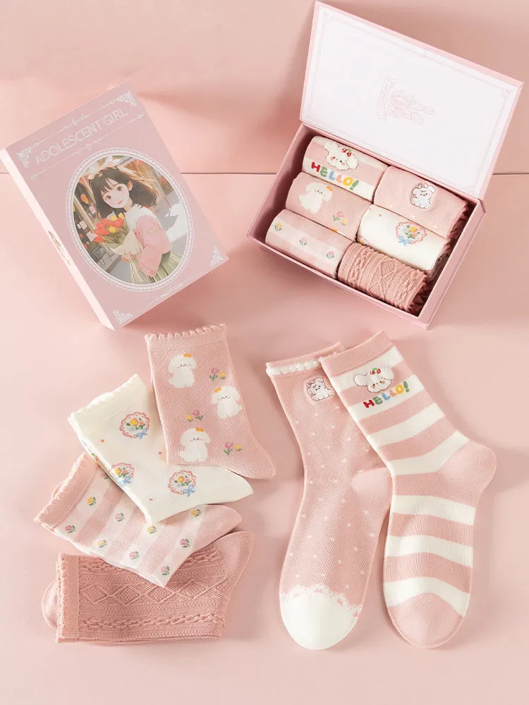 6 pairs of pink cute puppy cotton mid-calf socks