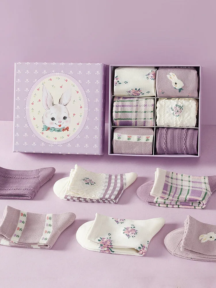 6 pairs of purple rabbit cotton mid-calf socks