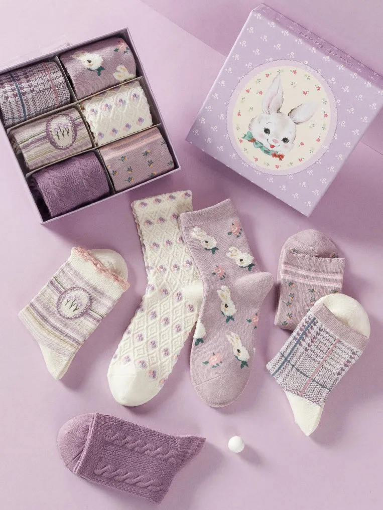 6 pairs of purple rabbit cotton mid-calf socks