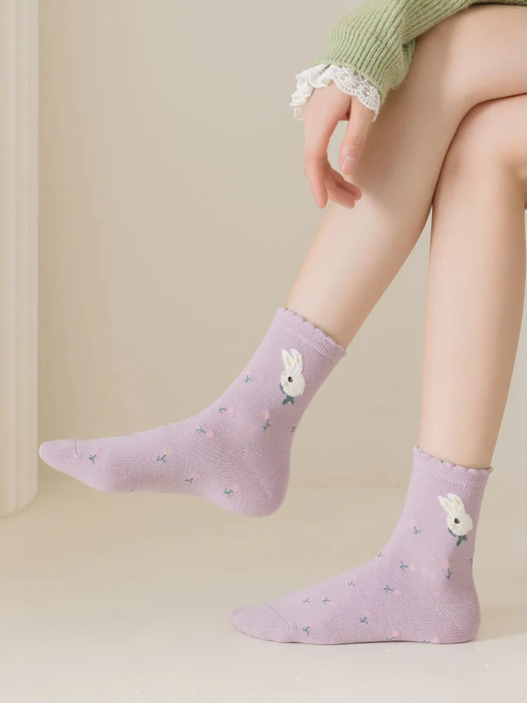 6 pairs of purple rabbit cotton mid-calf socks