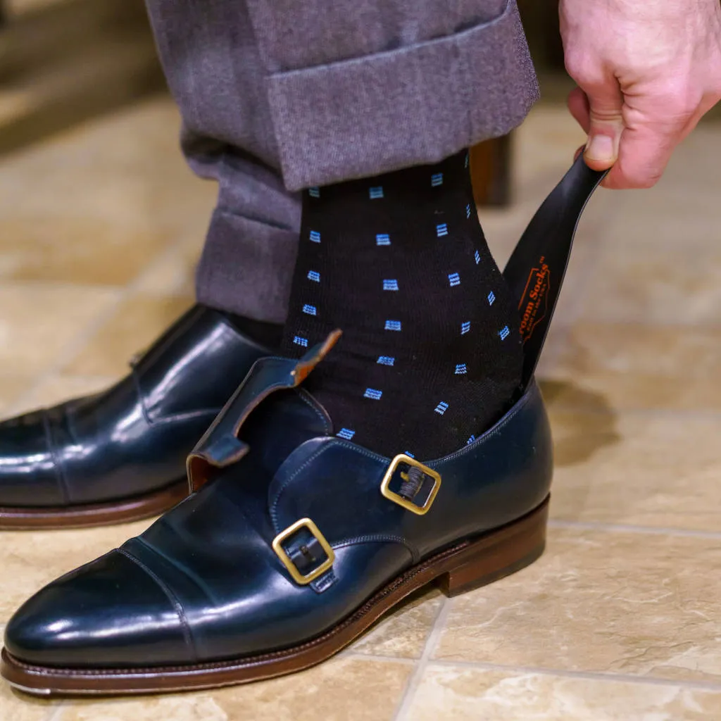 Blue Square Knots on Black Merino Wool Mid Calf Dress Socks