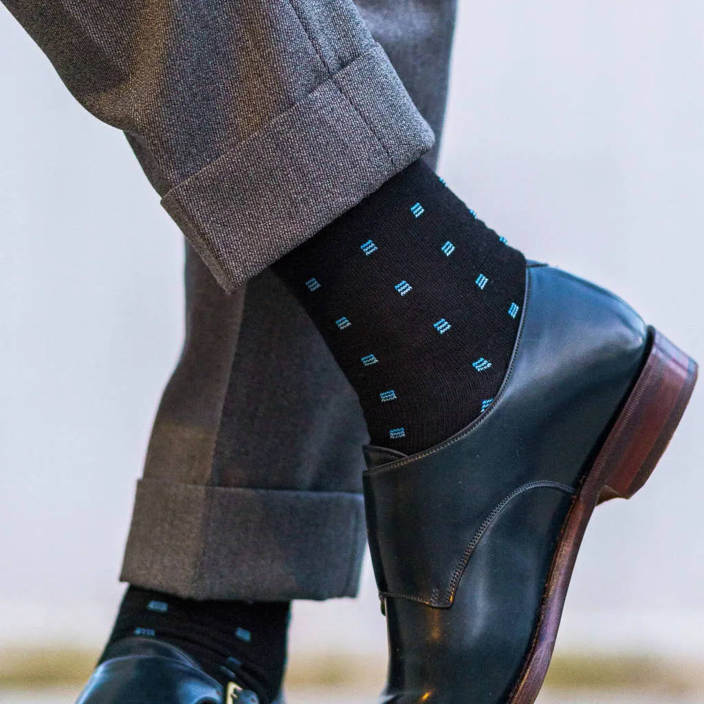 Blue Square Knots on Black Merino Wool Mid Calf Dress Socks