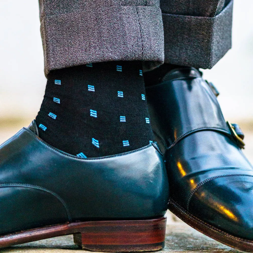 Blue Square Knots on Black Merino Wool Mid Calf Dress Socks