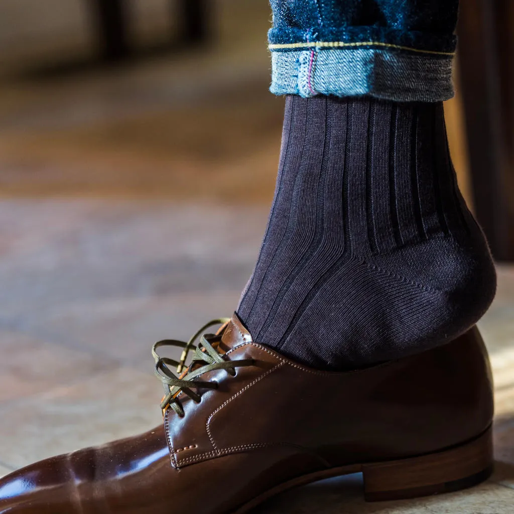 Brown Cotton Mid Calf Dress Socks