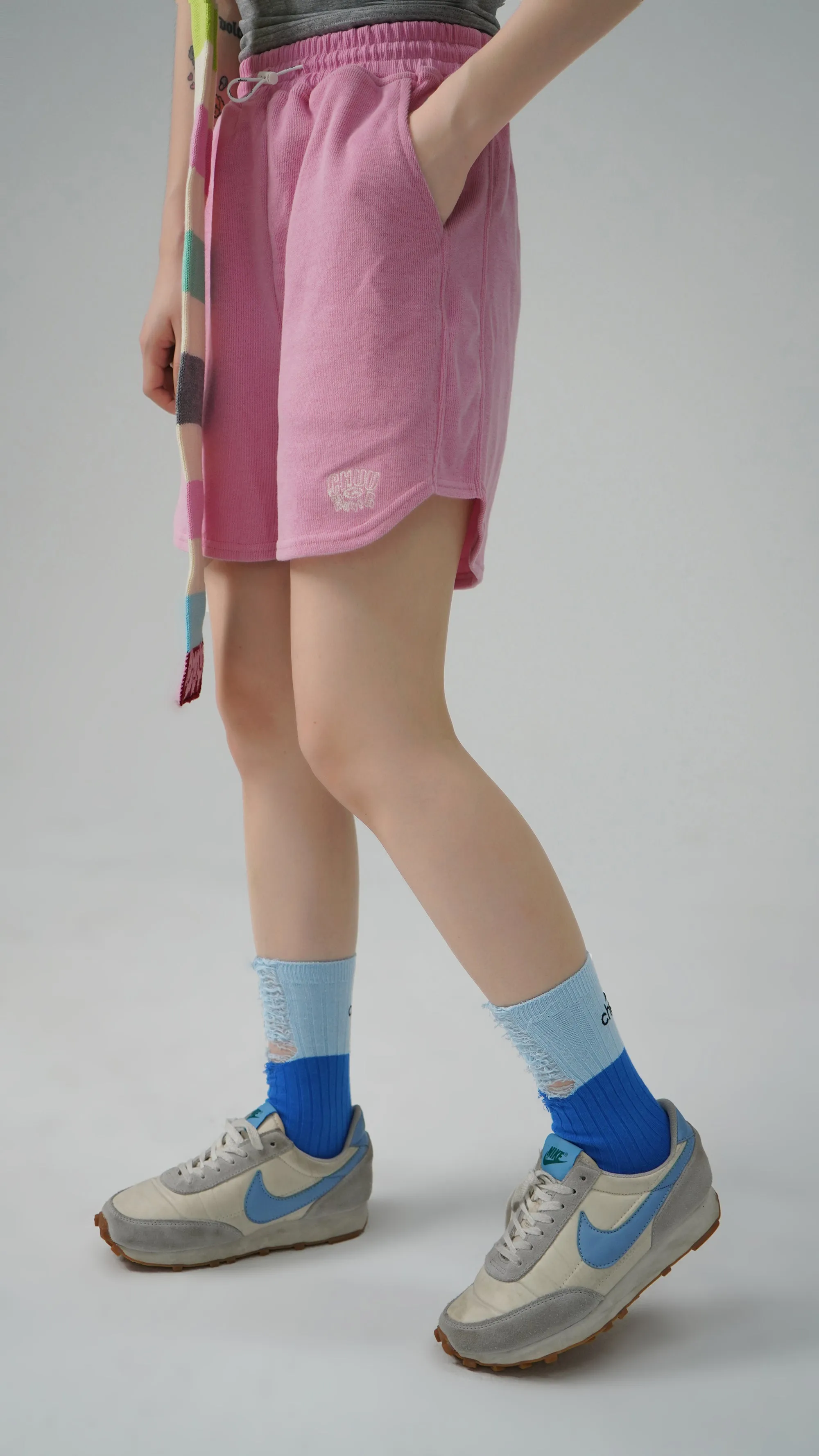 Cherry Color Distressed High Socks