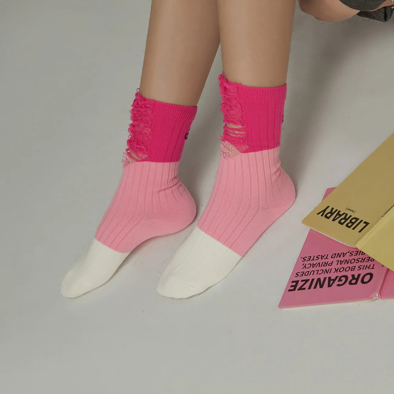 Cherry Color Distressed High Socks