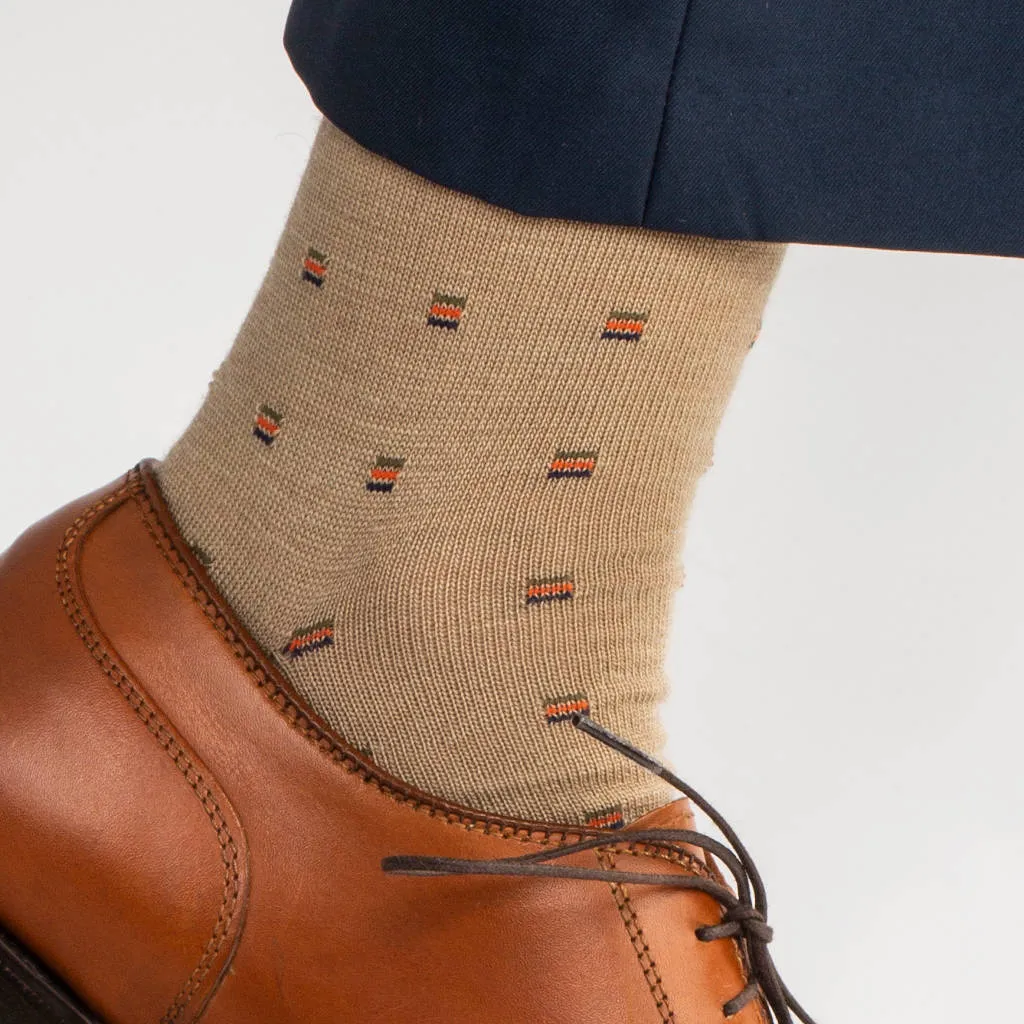 Colorful Square Knots on Khaki Merino Wool Mid-Calf Dress Socks
