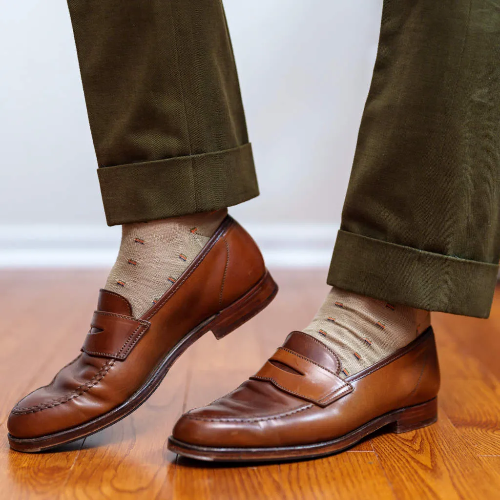 Colorful Square Knots on Khaki Merino Wool Mid-Calf Dress Socks