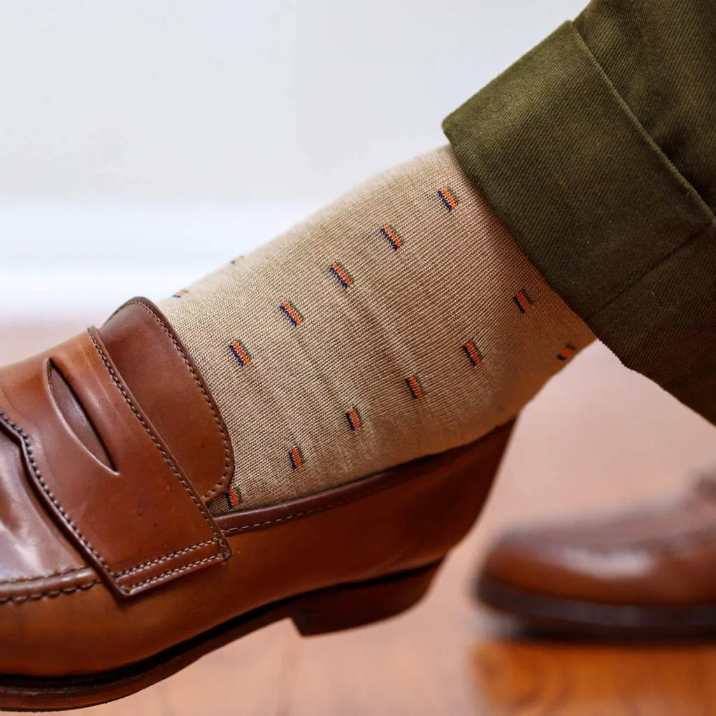 Colorful Square Knots on Khaki Merino Wool Mid-Calf Dress Socks