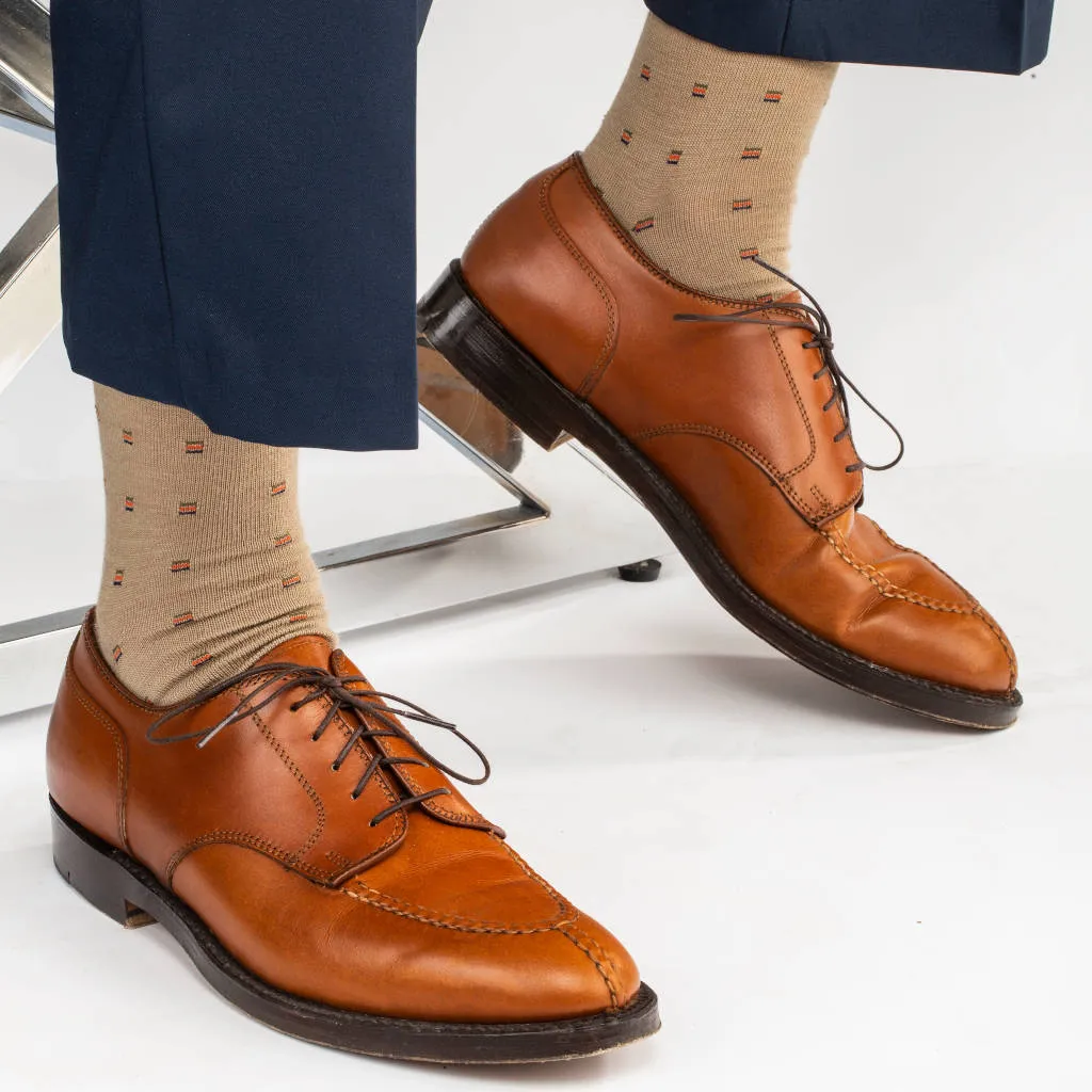 Colorful Square Knots on Khaki Merino Wool Mid-Calf Dress Socks