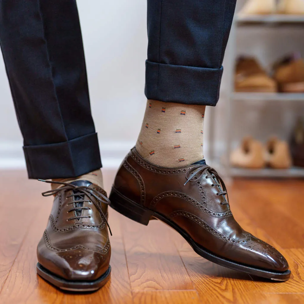Colorful Square Knots on Khaki Merino Wool Mid-Calf Dress Socks