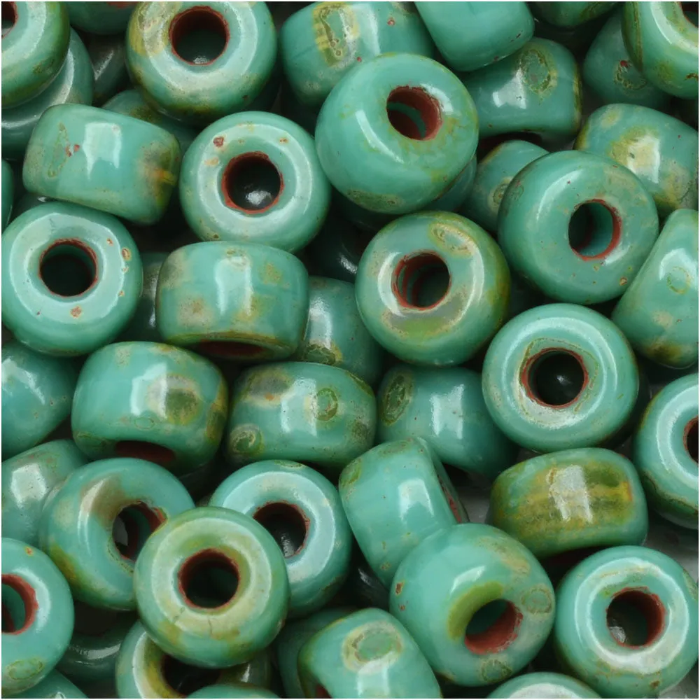 Czech Glass Matubo, 2/0 Seed Bead, Turquoise Green Dark Travertine (20 Gram Tube)