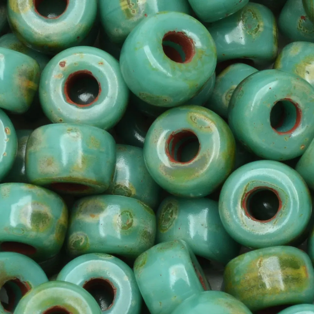 Czech Glass Matubo, 2/0 Seed Bead, Turquoise Green Dark Travertine (20 Gram Tube)