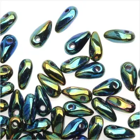 Czech Glass Mini Dagger Beads, 2.5x6mm, 10 Gram Tube, Iris - Green