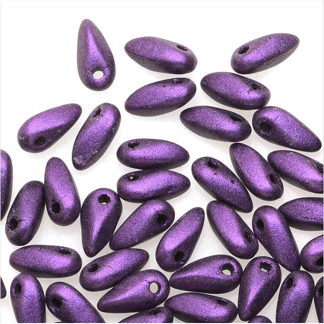 Czech Glass Mini Dagger Beads, 2.5x6mm, 10 Gram Tube, Metallic Suede - Purple