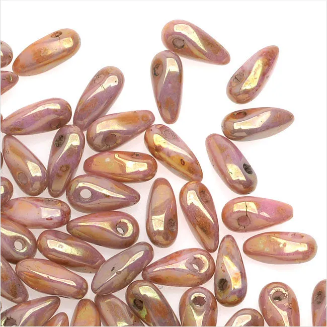 Czech Glass Mini Dagger Beads, 2.5x6mm, Luster - Opaque Rose/Gold Topaz (10 Gram Tube)