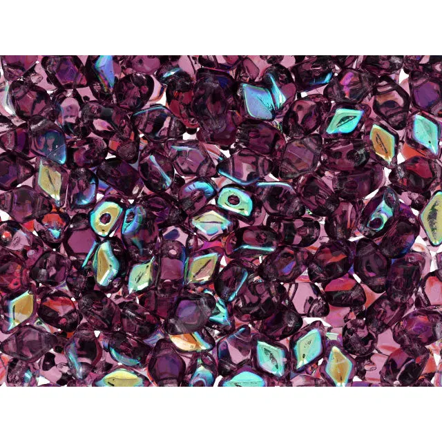 Czech Glass Mini GemDuo, 2-Hole Diamond Shaped Beads 6x4mm, Amethyst AB (2.5" Tube)