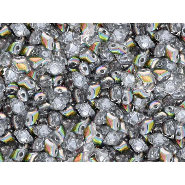 Czech Glass Mini GemDuo, 2-Hole Diamond Shaped Beads 6x4mm, Crystal - Vitral (2.5" Tube)