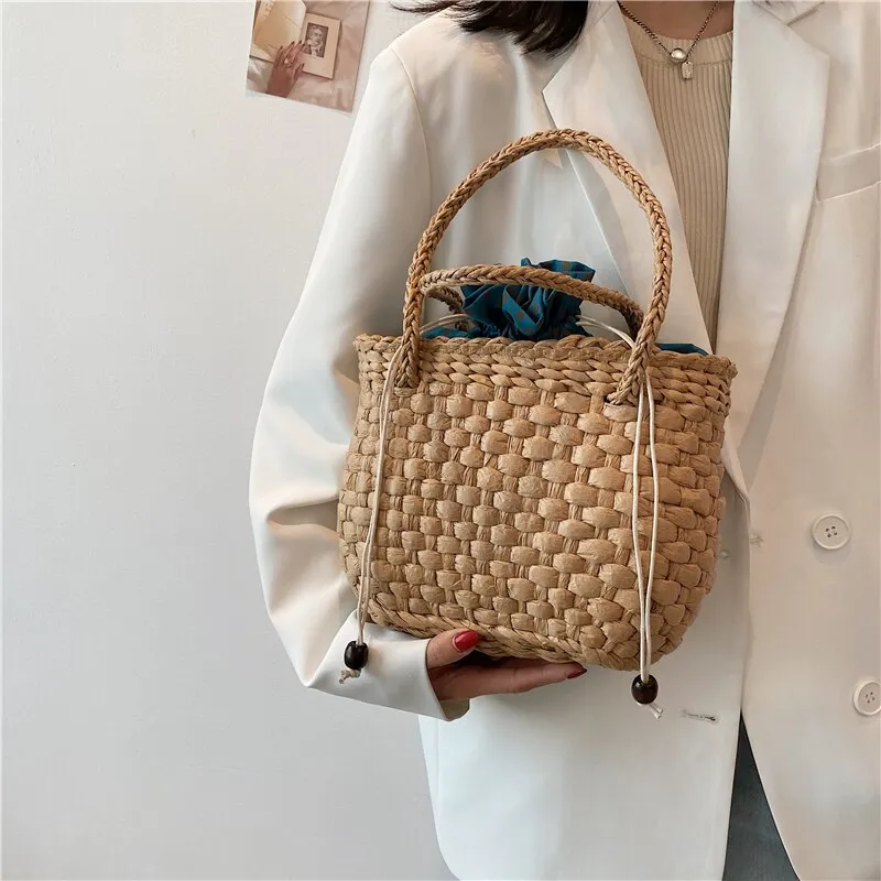 Ladies Woven Straw Bag Handmade Paper rope Woven Handbag Fashion Popular Round Square Holiday Beach Bag New Khaki Shoulder Bag