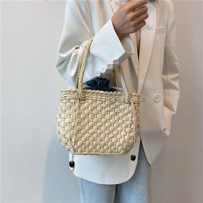 Ladies Woven Straw Bag Handmade Paper rope Woven Handbag Fashion Popular Round Square Holiday Beach Bag New Khaki Shoulder Bag