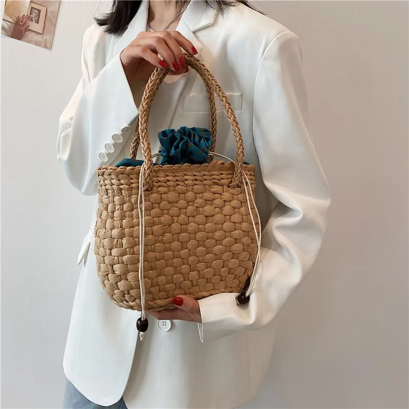 Ladies Woven Straw Bag Handmade Paper rope Woven Handbag Fashion Popular Round Square Holiday Beach Bag New Khaki Shoulder Bag