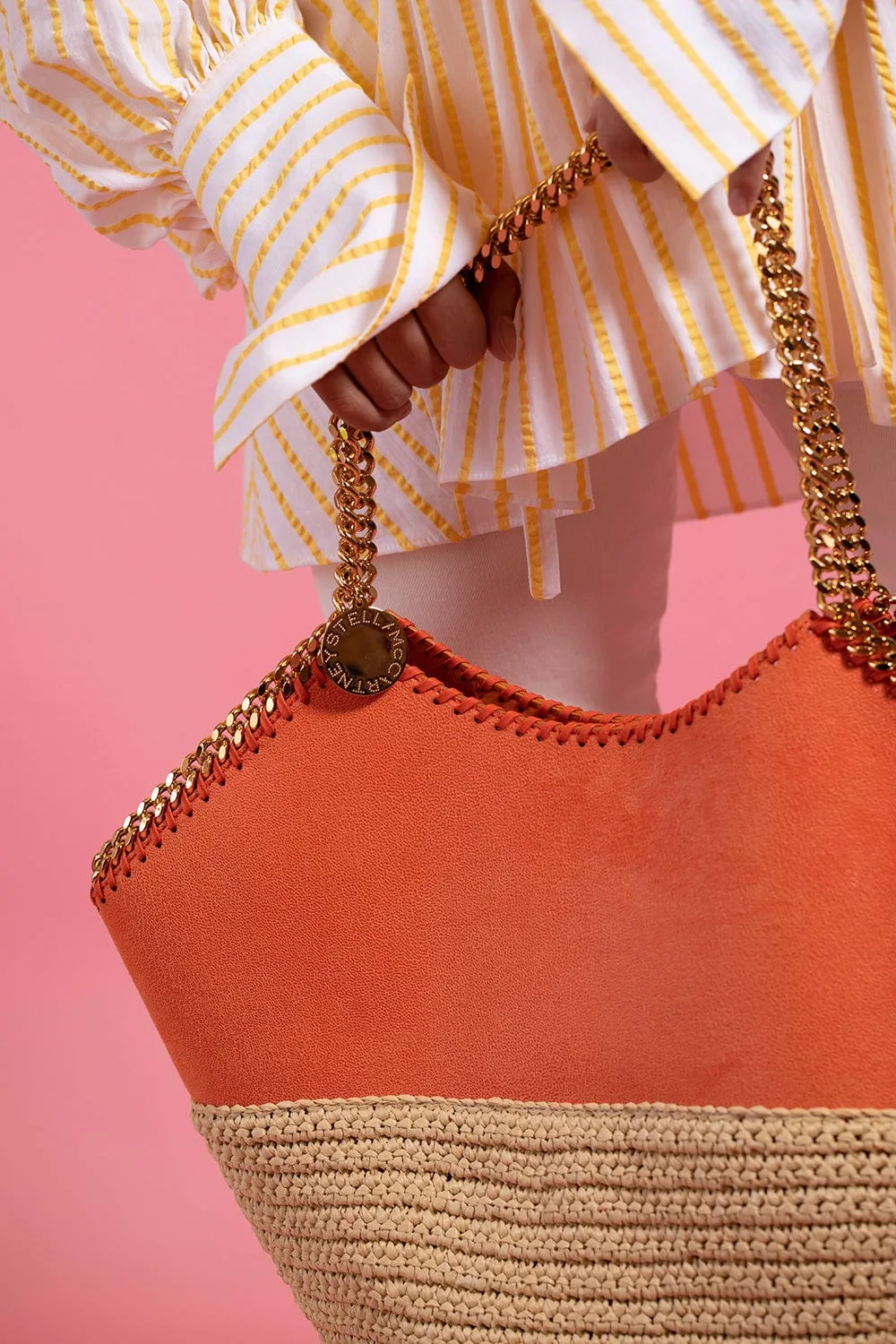 Large Tote With Half Raffia - Orange