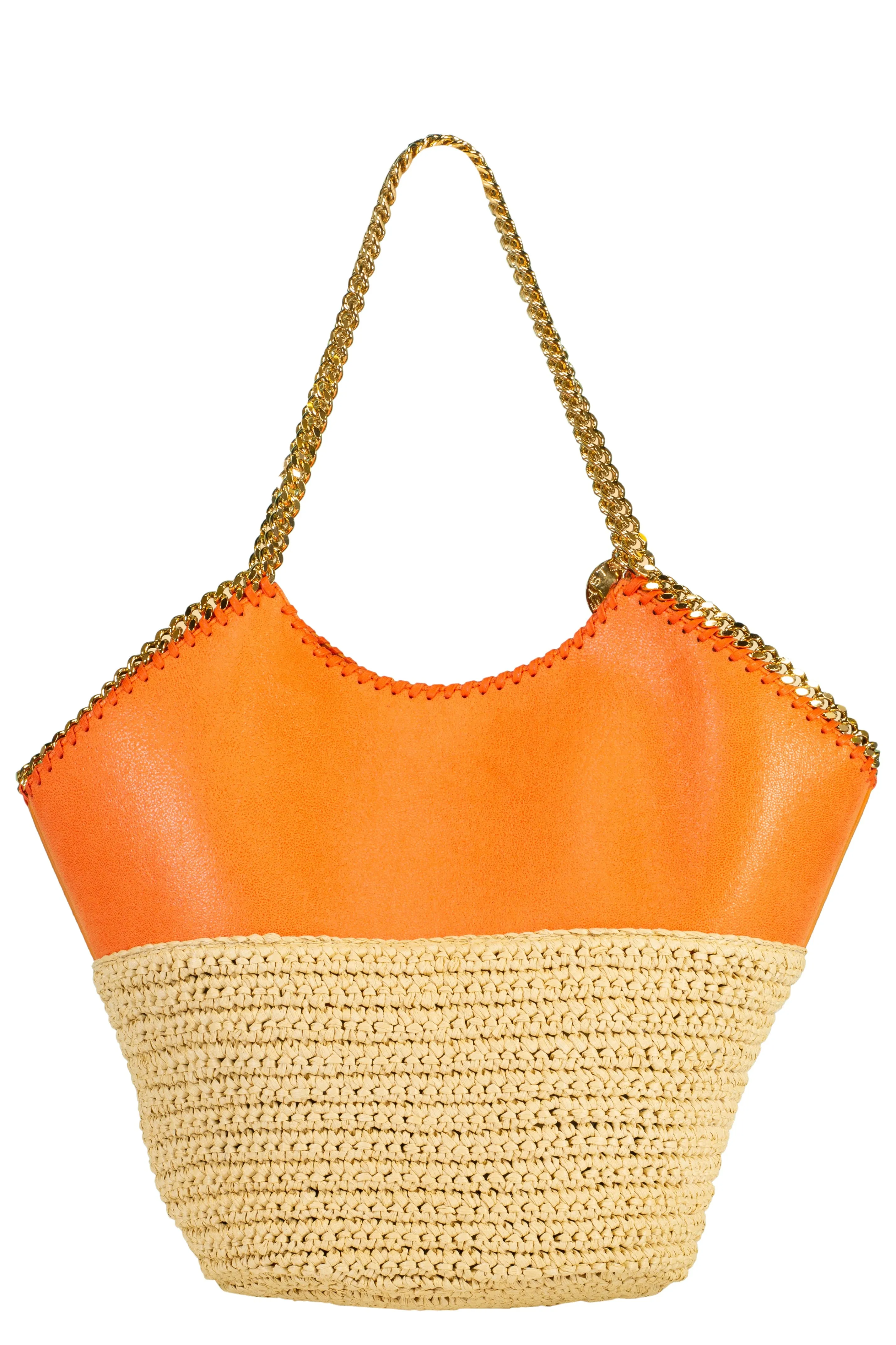 Large Tote With Half Raffia - Orange