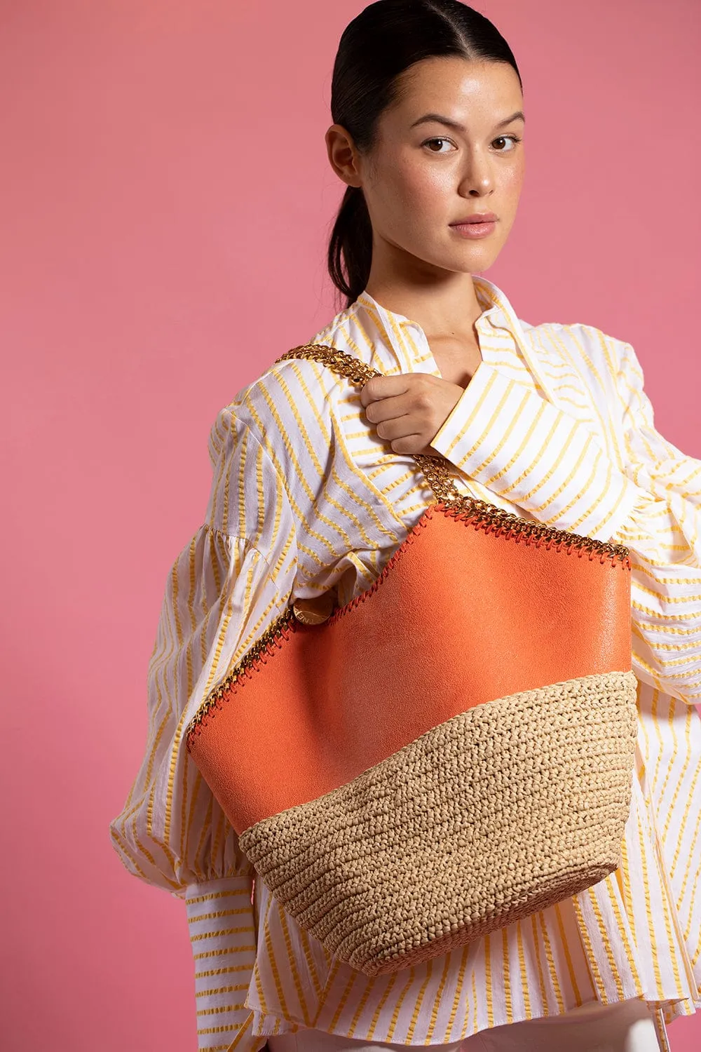 Large Tote With Half Raffia - Orange