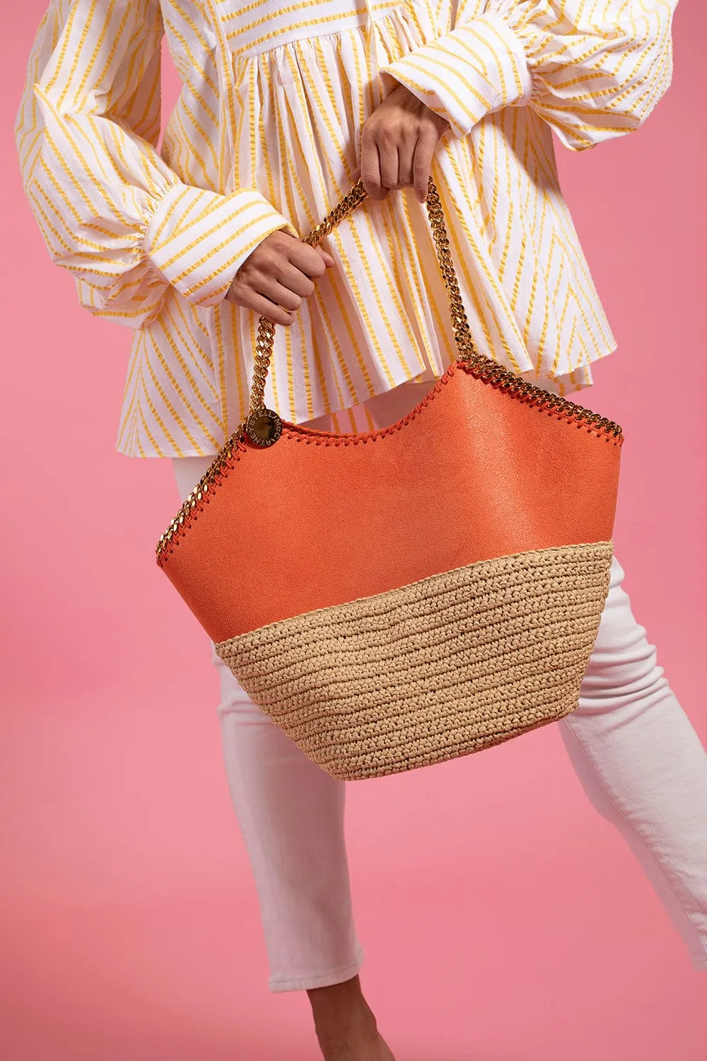 Large Tote With Half Raffia - Orange