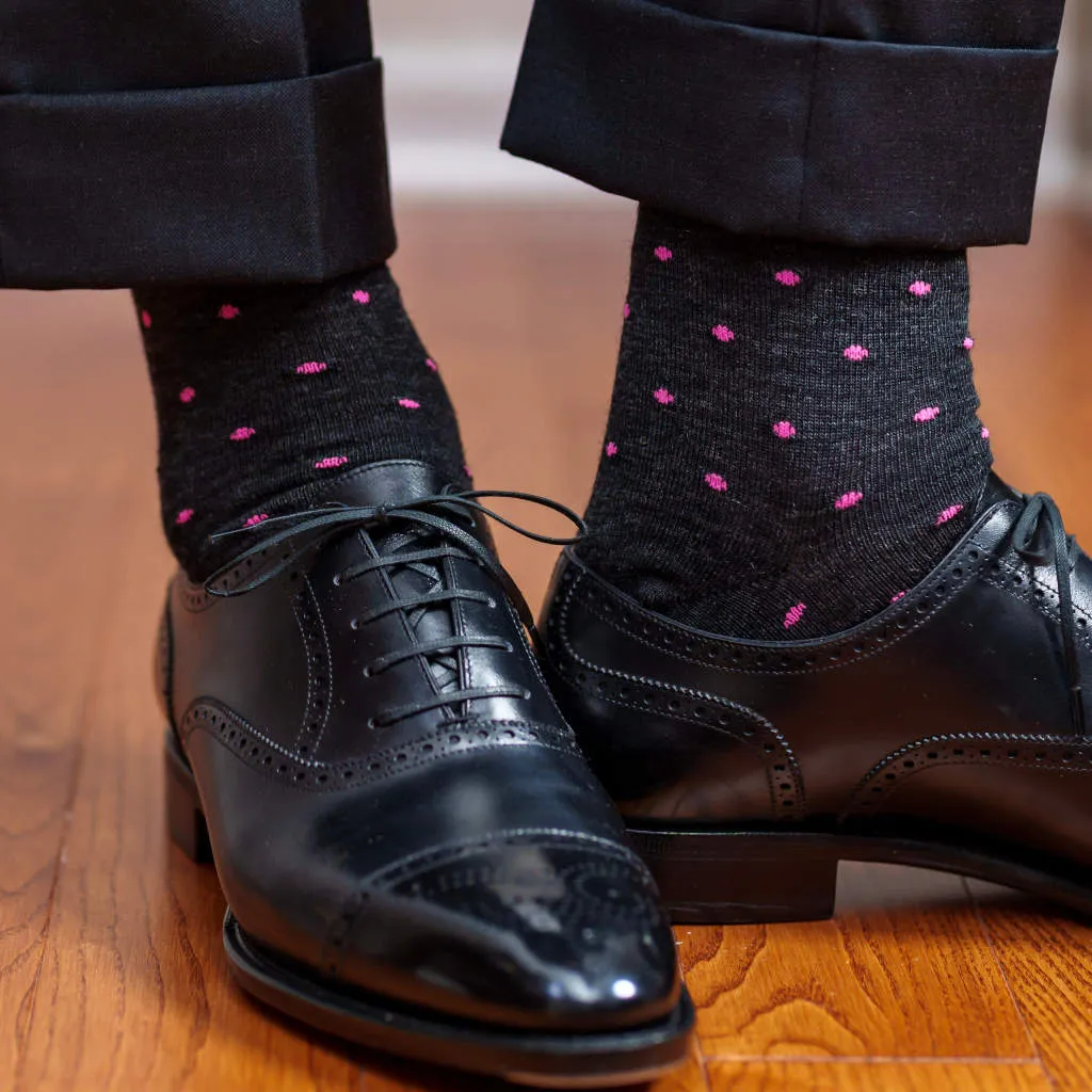 Pink Dots on Charcoal Merino Wool Mid-Calf Dress Socks