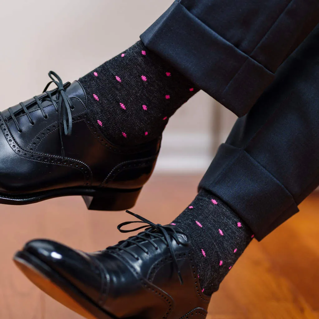 Pink Dots on Charcoal Merino Wool Mid-Calf Dress Socks