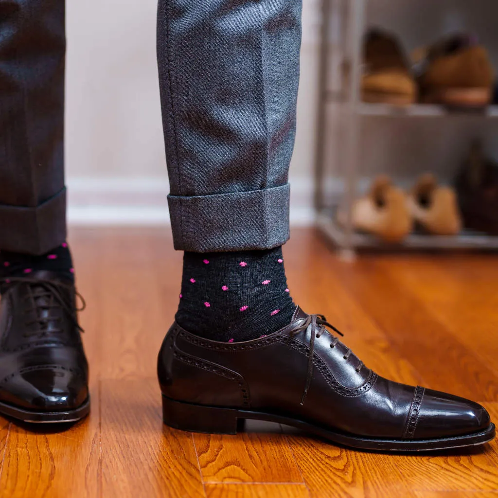 Pink Dots on Charcoal Merino Wool Mid-Calf Dress Socks