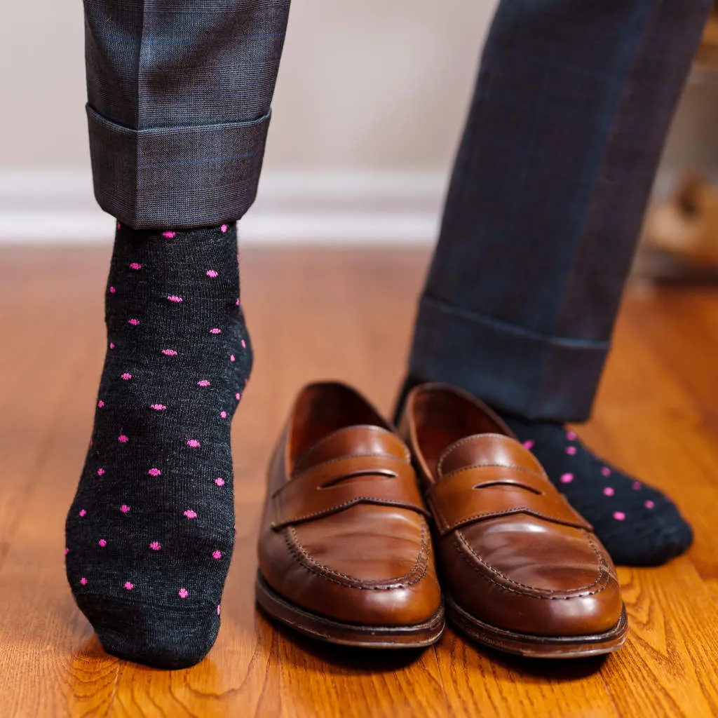 Pink Dots on Charcoal Merino Wool Mid-Calf Dress Socks