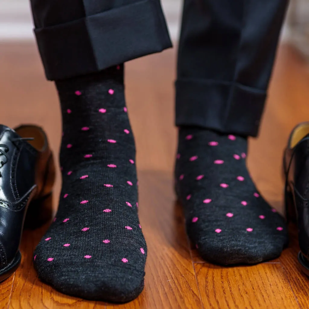 Pink Dots on Charcoal Merino Wool Mid-Calf Dress Socks