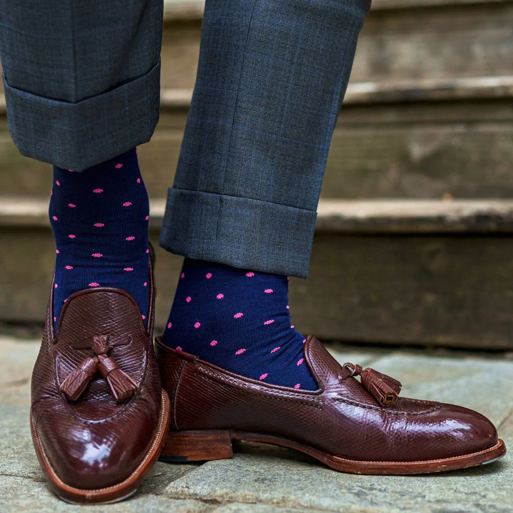 Pink Dots on Navy Cotton Mid-Calf Dress Socks