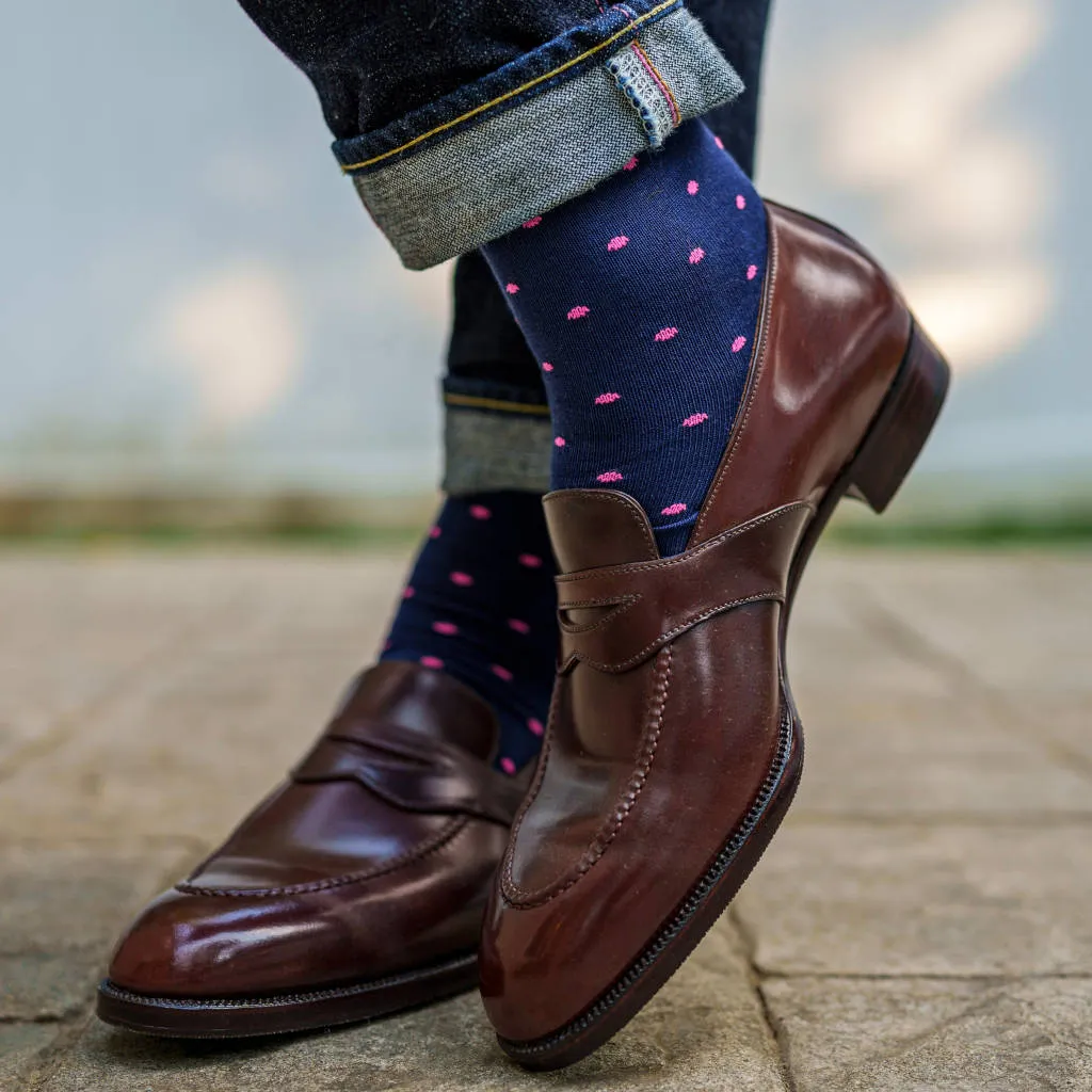 Pink Dots on Navy Cotton Mid-Calf Dress Socks