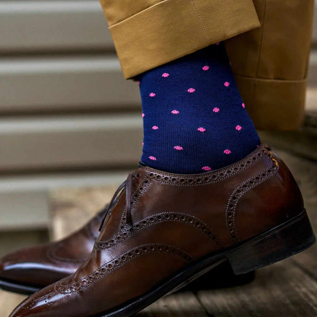 Pink Dots on Navy Cotton Mid-Calf Dress Socks