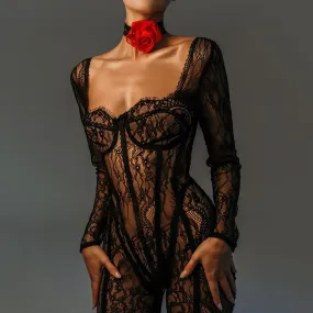 REALAIOT 2025 cross-border autumn new lace splicing sex temptation low-cut jumpsuit female sexy spice girl perspective trousers
