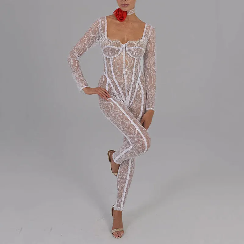 REALAIOT 2025 cross-border autumn new lace splicing sex temptation low-cut jumpsuit female sexy spice girl perspective trousers