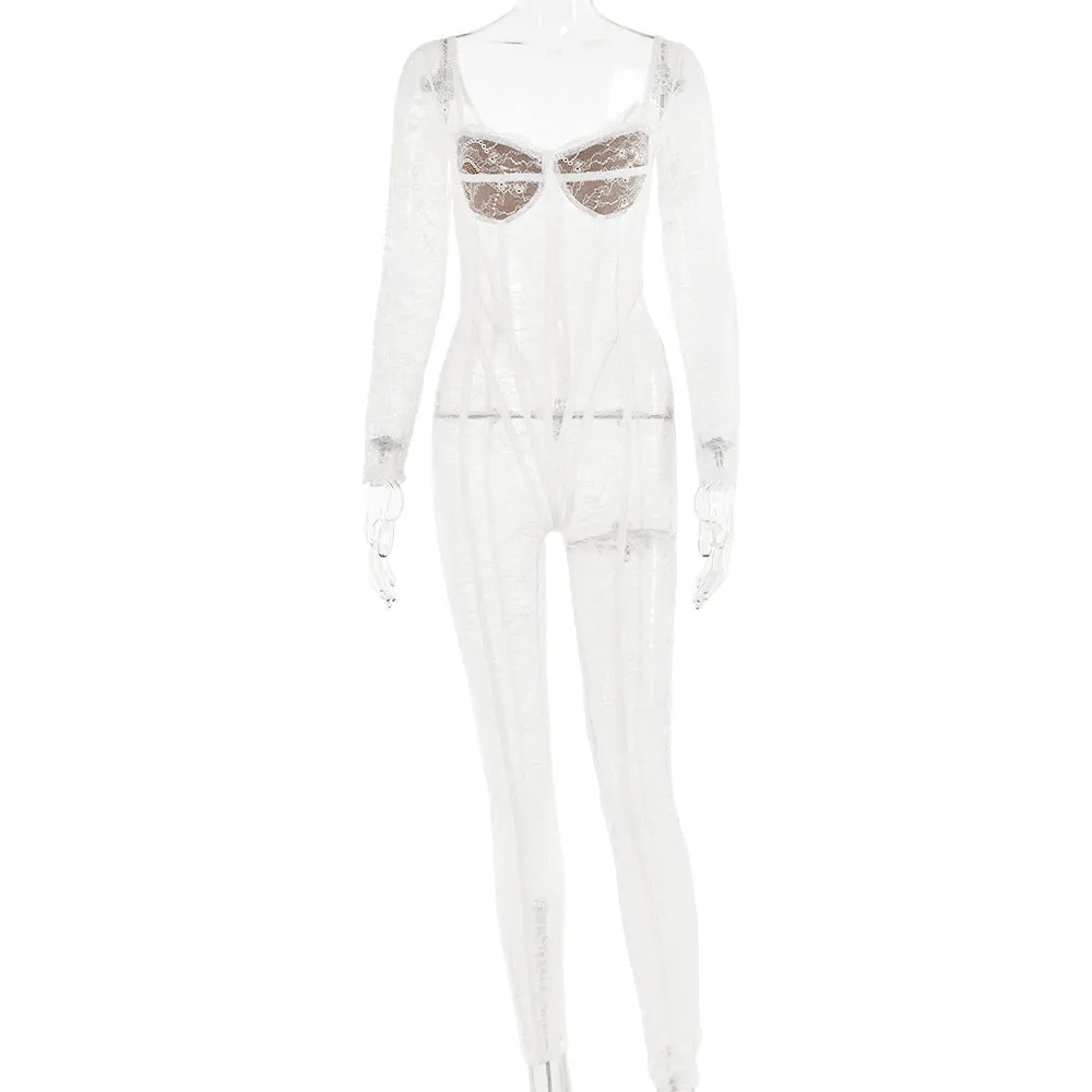 REALAIOT 2025 cross-border autumn new lace splicing sex temptation low-cut jumpsuit female sexy spice girl perspective trousers