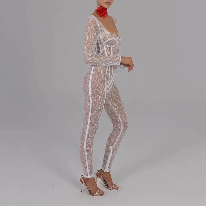 REALAIOT 2025 cross-border autumn new lace splicing sex temptation low-cut jumpsuit female sexy spice girl perspective trousers