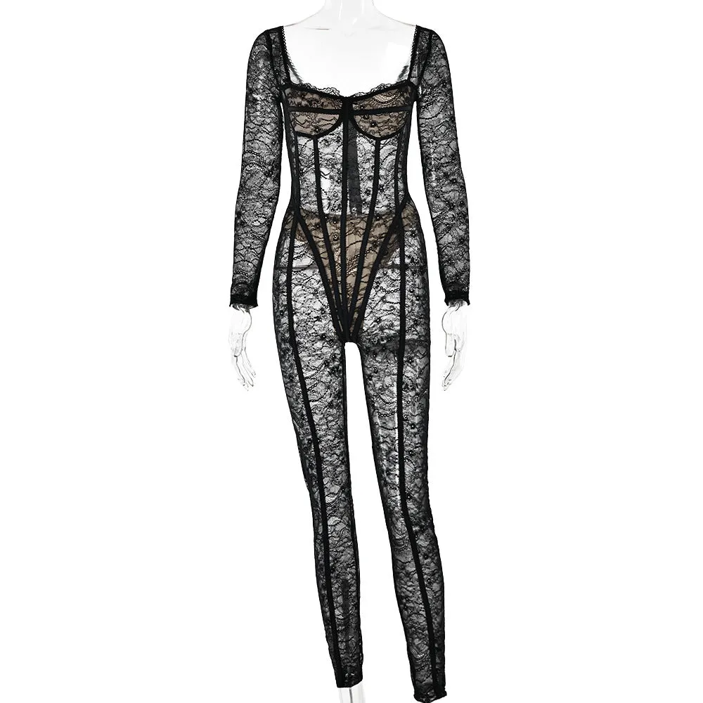 REALAIOT 2025 cross-border autumn new lace splicing sex temptation low-cut jumpsuit female sexy spice girl perspective trousers
