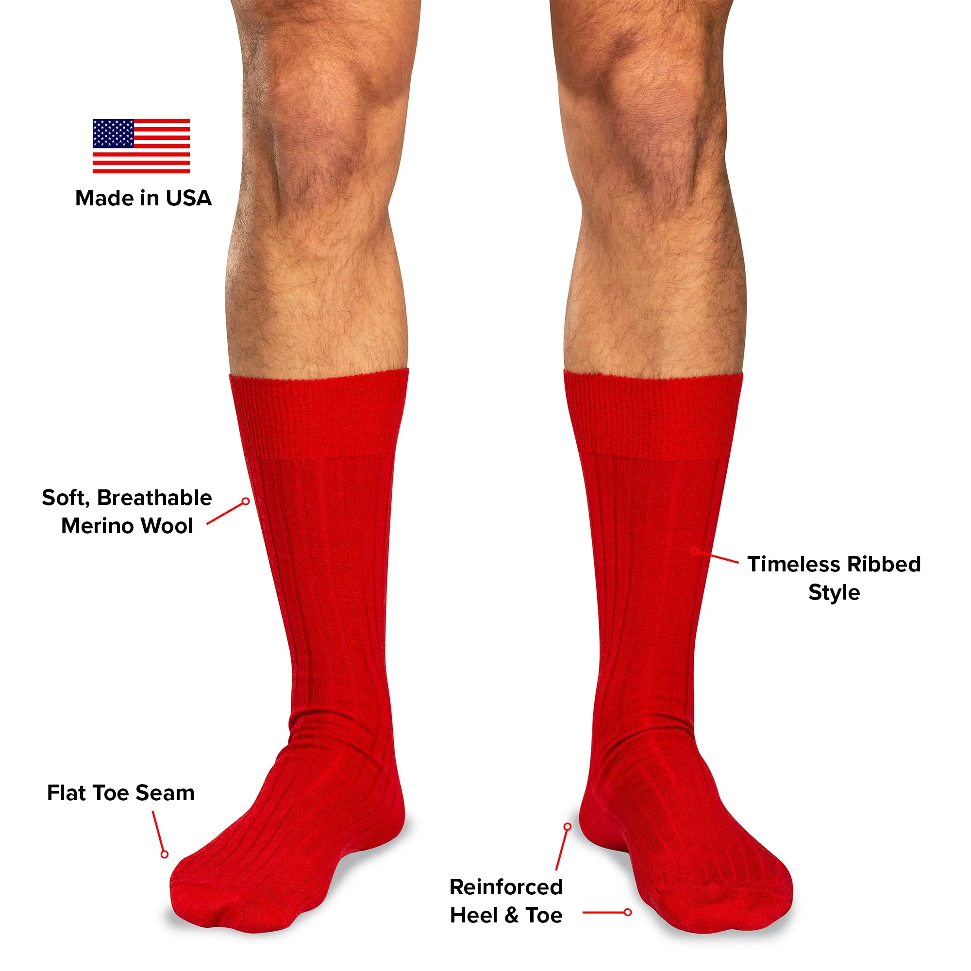 Red Merino Wool Mid Calf Dress Socks
