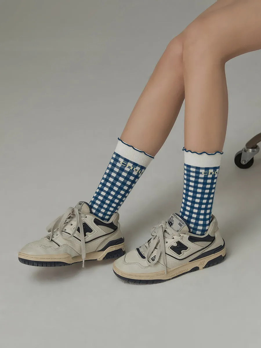 Ruffled Color Check High Socks