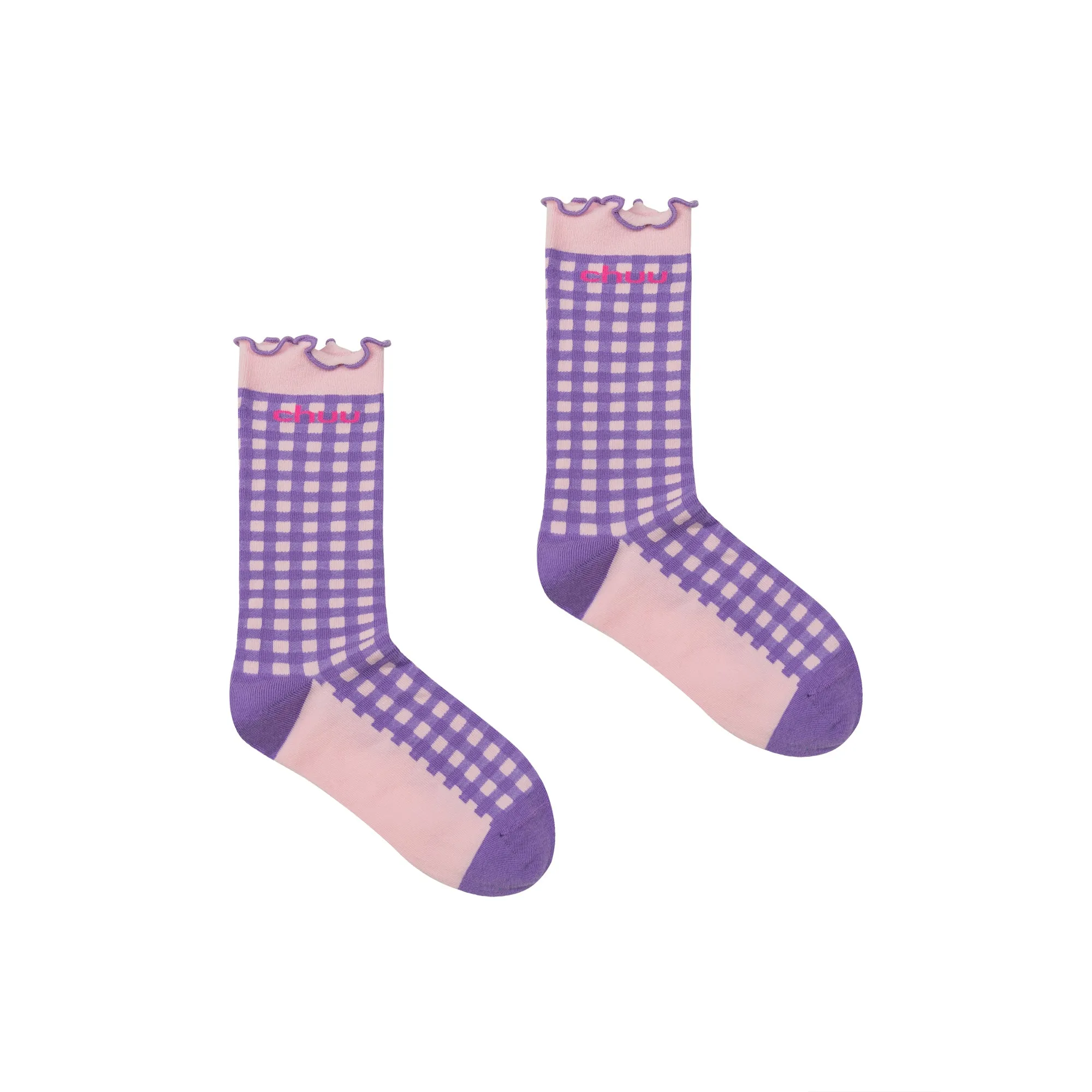 Ruffled Color Check High Socks